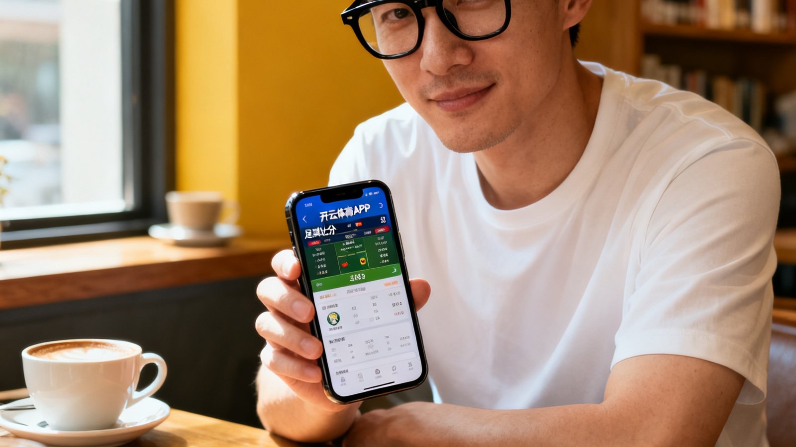 一位28岁左右的男性用户，戴着黑框眼镜，穿着白色T恤，在咖啡馆使用开云体育APP查看足球比分